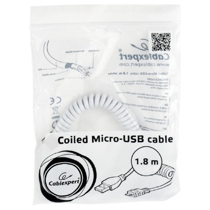 Кабель CABLEXPERT USB2.0 AM/Micro-BM спиральный 1.8м (CC-MUSB2C-AMBM-6-W)