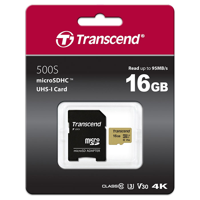 Карта пам'яті TRANSCEND microSDHC 500S 16GB UHS-I U3 V30 Class 10 + SD-adapter (TS16GUSD500S)