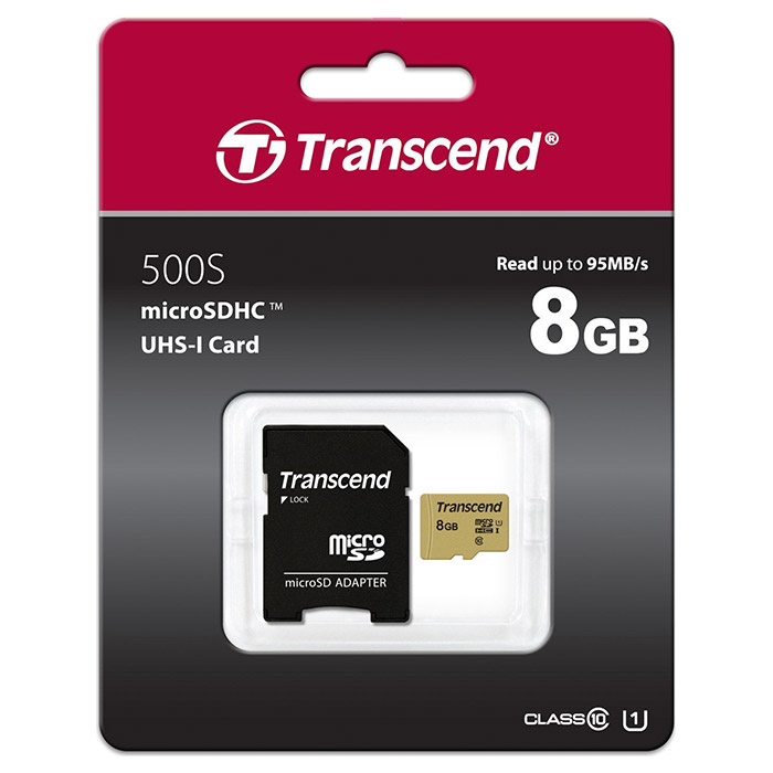 Карта памяти TRANSCEND microSDHC 500S 8GB UHS-I Class 10 + SD-adapter (TS8GUSD500S)