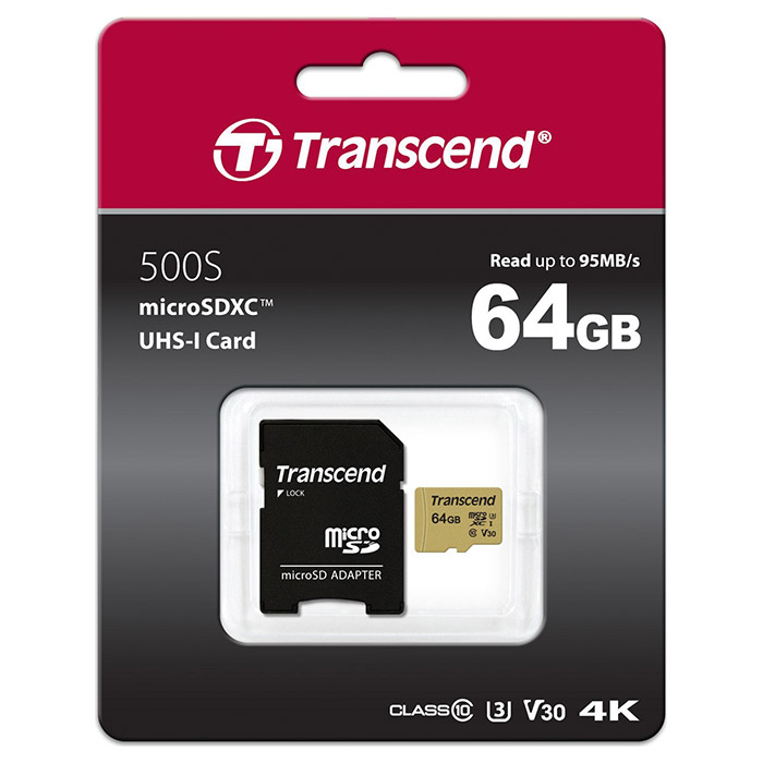Карта пам'яті TRANSCEND microSDXC 500S 64GB UHS-I U3 V30 Class 10 + SD-adapter (TS64GUSD500S)