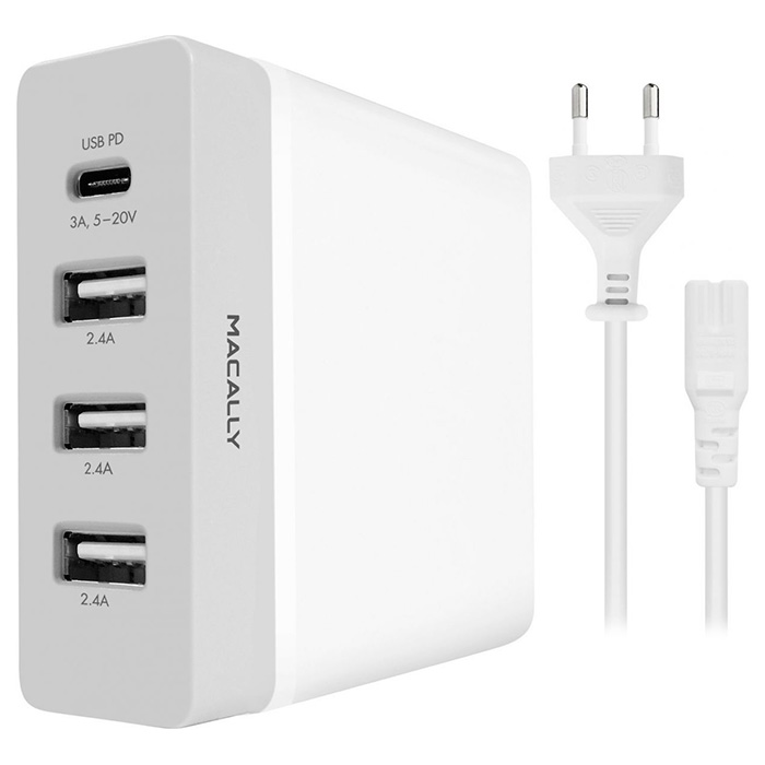 Зарядний пристрій MACALLY 72W 4 Port USB-C/USB-A Wall Charger White (HOME72UC-EU)