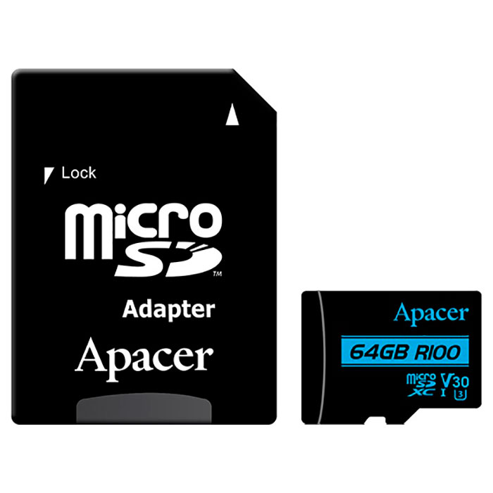 Карта памяти APACER microSDXC 64GB UHS-I U3 V30 Class 10 + SD-adapter (AP64GMCSX10U7-R)
