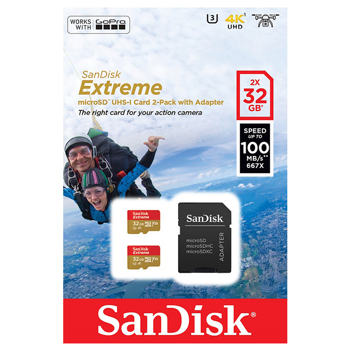 Набір з двох карт пам'яті SANDISK microSDHC Extreme 32GB UHS-I V30 A1 Class 10 + SD-adapter (SDSQXAF-032G-GN6AT)