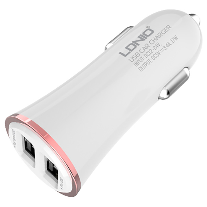 Автомобільний зарядний пристрій LDNIO 2xUSB-A, 3.4A, 17W White w/Lightning cable (DL-C28)