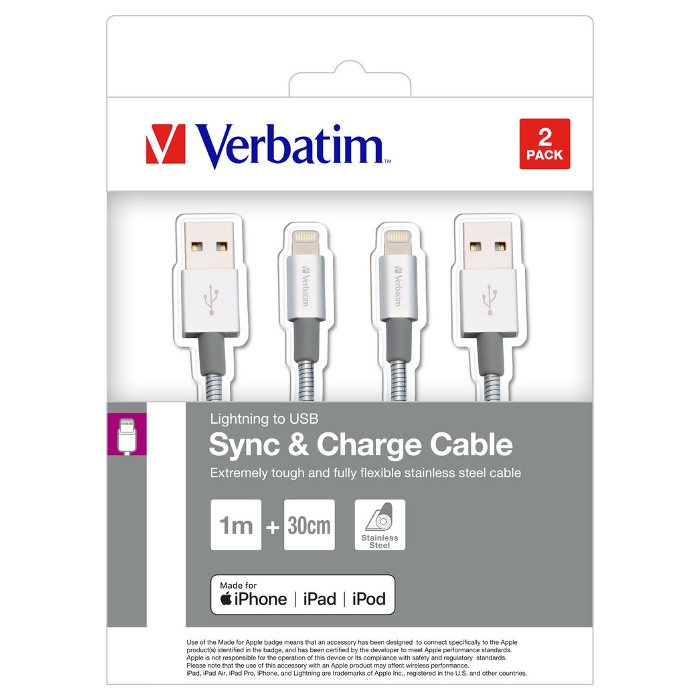 Комплект з 2 кабелів VERBATIM Lightning to USB Sync & Charge Cable 2-Pack 1м (48873)