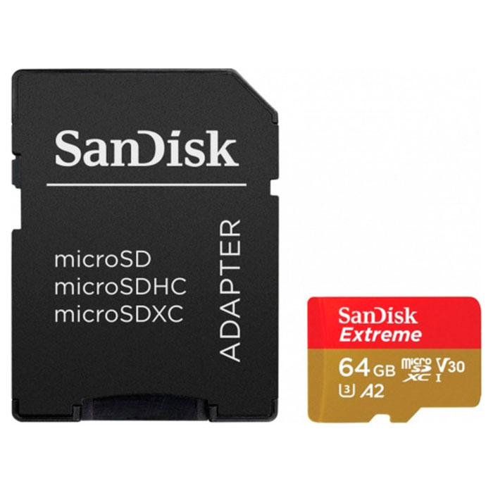 Карта памяти SANDISK microSDXC Extreme 64GB UHS-I U3 V30 A2 Class 10 + SD-adapter (SDSQXA2-064G-GN6AA)