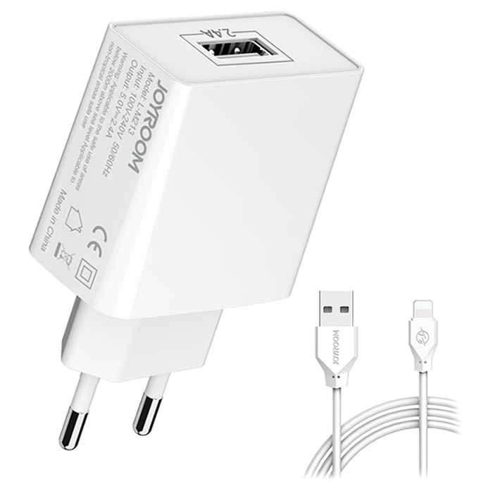 Зарядний пристрій JOYROOM 1xUSB-A, 2.4A White w/Lightning cable