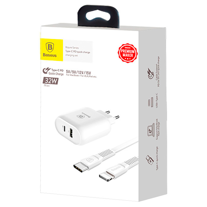 Зарядное устройство BASEUS Bojure Series Type-C PD + USB 32W w/Type-C - Lightning Cable White (TZTUN-BJ02)