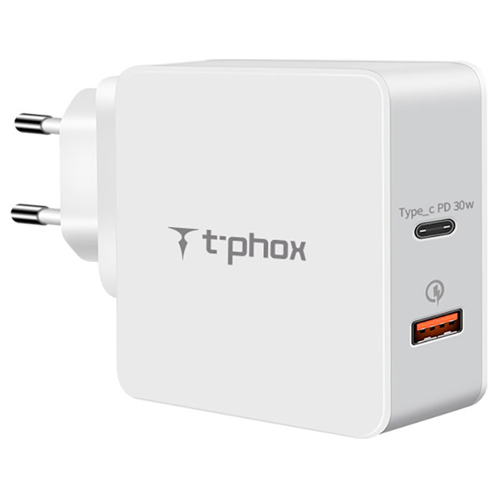 Зарядний пристрій T-PHOX Apace Wall 1xUSB-C, 1xUSB-A, PD3.0, QC3.0, 48W White (APACE WALL 48W WHITE)