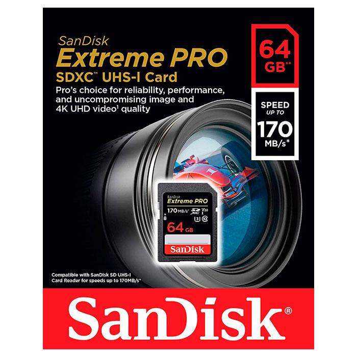 Карта памяти SANDISK SDXC Extreme Pro 64GB UHS-I U3 Class 10 (SDSDXXY-064G-GN4IN)