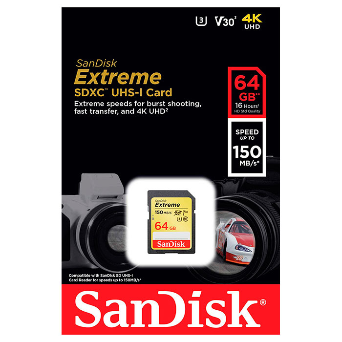 Карта пам'яті SANDISK SDXC Extreme 64GB UHS-I U3 V30 Class 10 (SDSDXV6-064G-GNCIN)