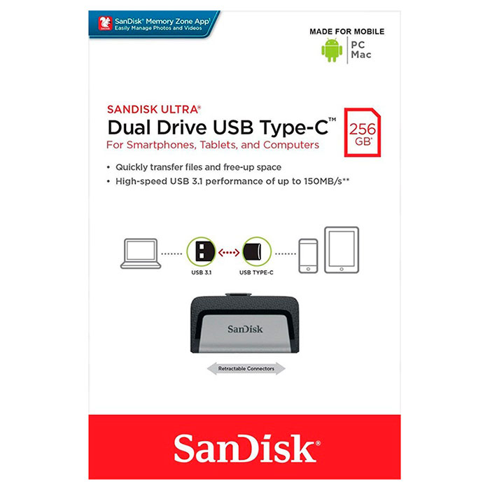 Флэшка SANDISK Ultra Dual 256GB USB+Type-C3.1 (SDDDC2-256G-G46)