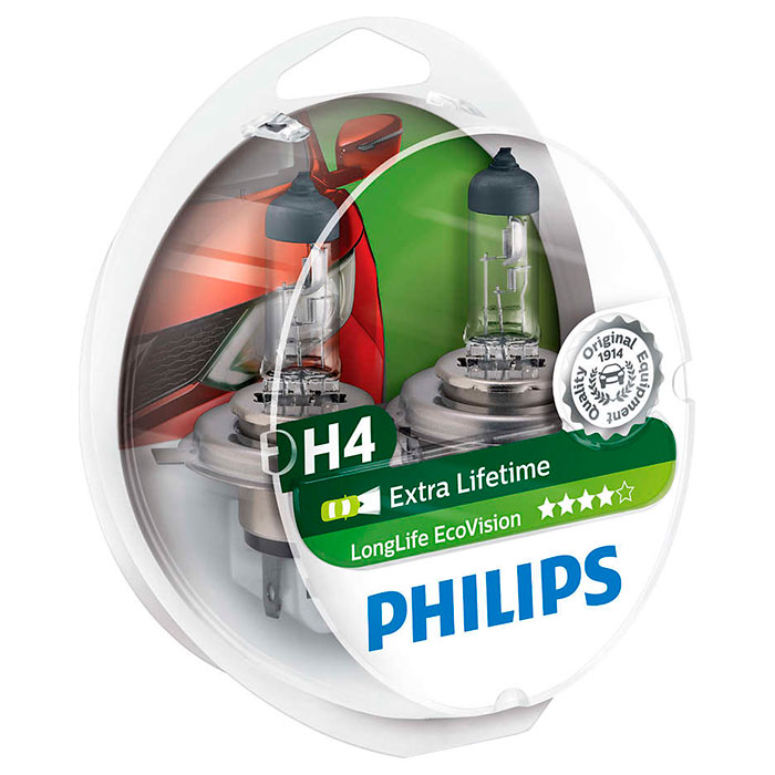 Лампа галогенова PHILIPS LongLife EcoVision H4 2шт (12342LLECOS2)
