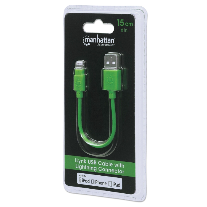 Кабель MANHATTAN iLynk USB Cable with Lightning Connector Green 0.15м (394444)