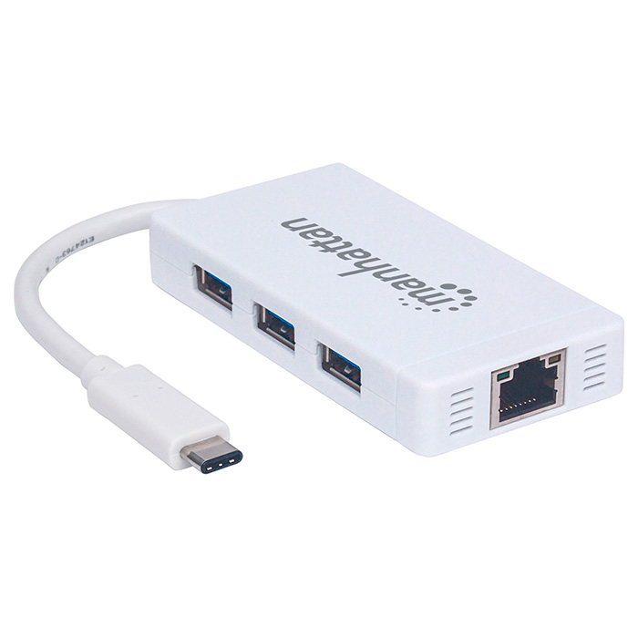 Мережевий адаптер з USB хабом MANHATTAN Type-C Hub 3-port USB3.0 + RJ45 Gigabit Ethernet White (507608)