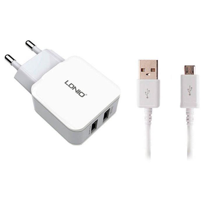 Зарядное устройство LDNIO 2xUSB-A, 2.4A White w/Micro-USB cable (A2202M)