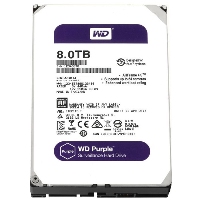 Жёсткий диск 3.5" WD Purple 8TB SATA/256MB (WD82PURZ)
