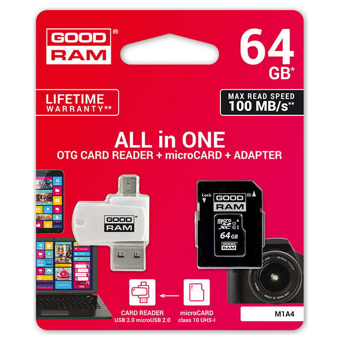 Карта памяти GOODRAM microSDXC M1A4 3-in-1 64GB UHS-I Class 10 + USB-cardreader/SD-adapter (M1A4-0640R12)