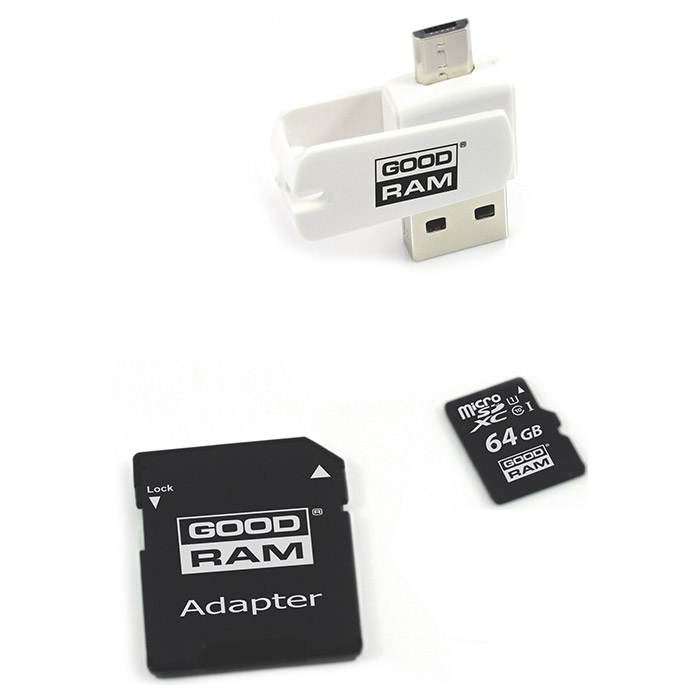 Карта памяти GOODRAM microSDXC M1A4 3-in-1 64GB UHS-I Class 10 + USB-cardreader/SD-adapter (M1A4-0640R12)