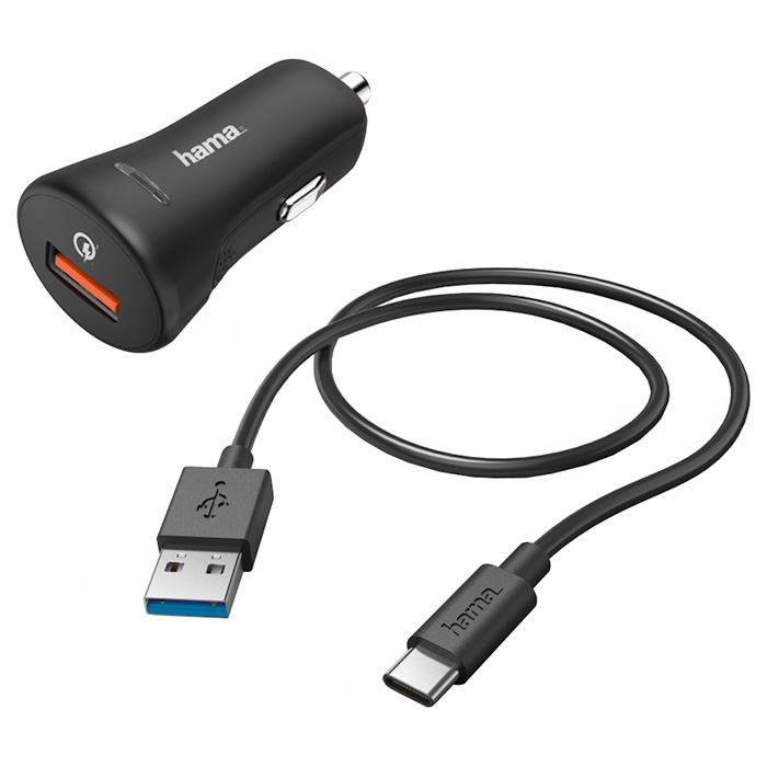 Автомобильное зарядное устройство HAMA Car Charger Kit QC3.0 Black w/Type-C cable (00178394)