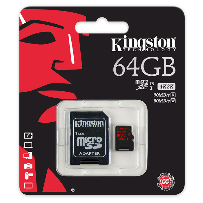 Карта памяти KINGSTON microSDXC 64GB UHS-I U3 Class 10 + SD-adapter (SDCA3/64GB)