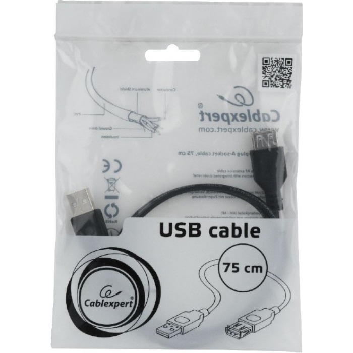 Кабель-удлинитель CABLEXPERT USB 2.0 Extension Cable Black 0.75м (CC-USB2-AMAF-75CM/300-BK)