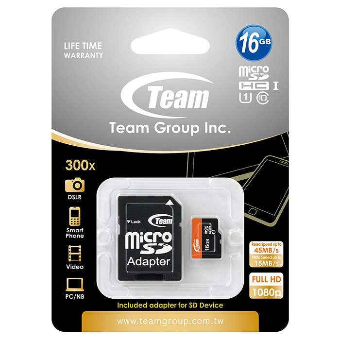 Карта памяти TEAM microSDHC 16GB UHS-I Class 10 + SD-adapter (TUSDH16GUHS03)