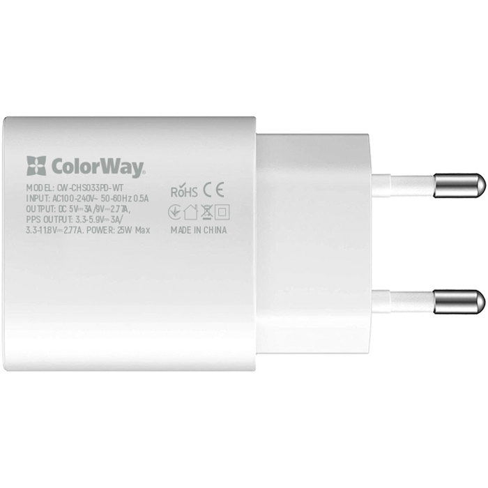 Зарядний пристрій COLORWAY 1xUSB-C, PD3.0, 25W PPS White (CW-CHS033PD-WT)