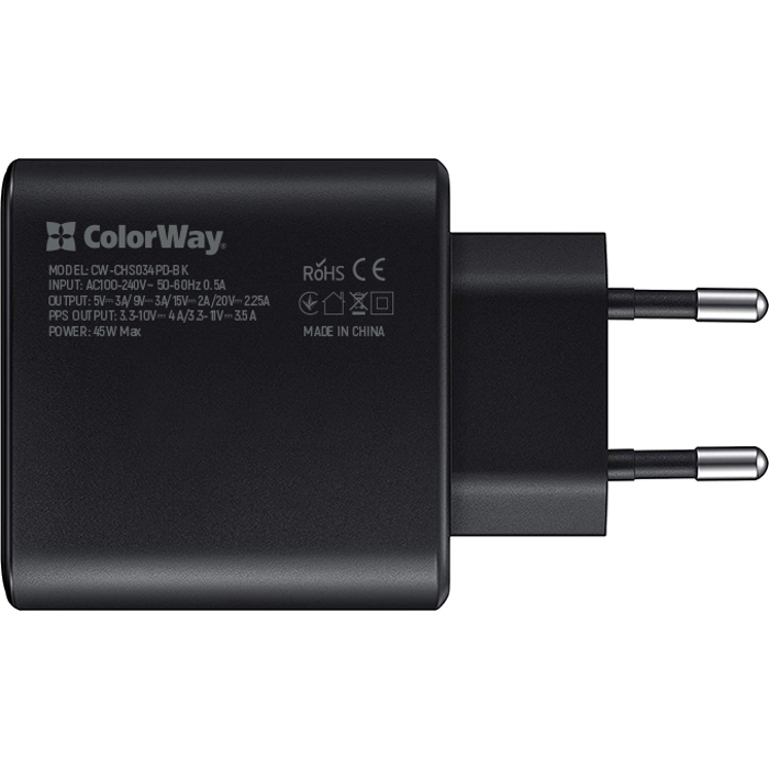 Зарядное устройство COLORWAY 1xUSB-C, PD3.0, 45W PPS Black (CW-CHS034PD-BK)