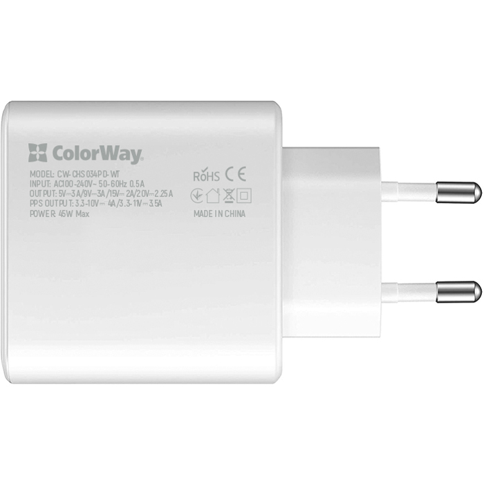 Зарядний пристрій COLORWAY 1xUSB-C, PD3.0, 45W PPS White (CW-CHS034PD-WT)