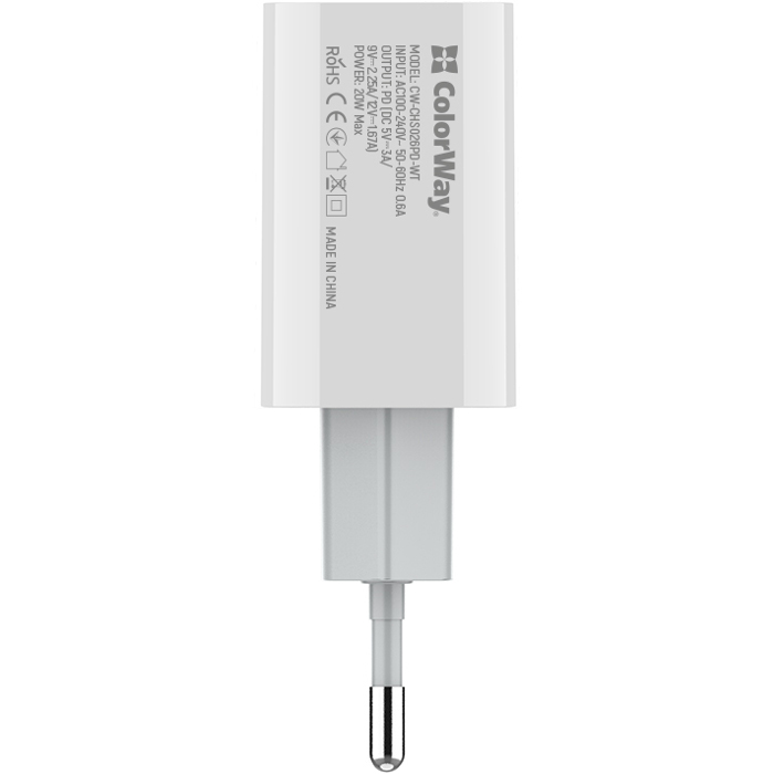 Зарядний пристрій COLORWAY 1xUSB-C, PD2.0, QC3.0, 20W White (CW-CHS026PD-WT)