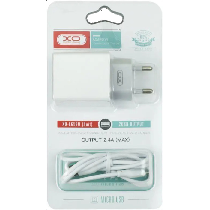 Зарядний пристрій XO L65 2xUSB-A, 2.4A White w/Micro-USB cable (L65-M-WH)