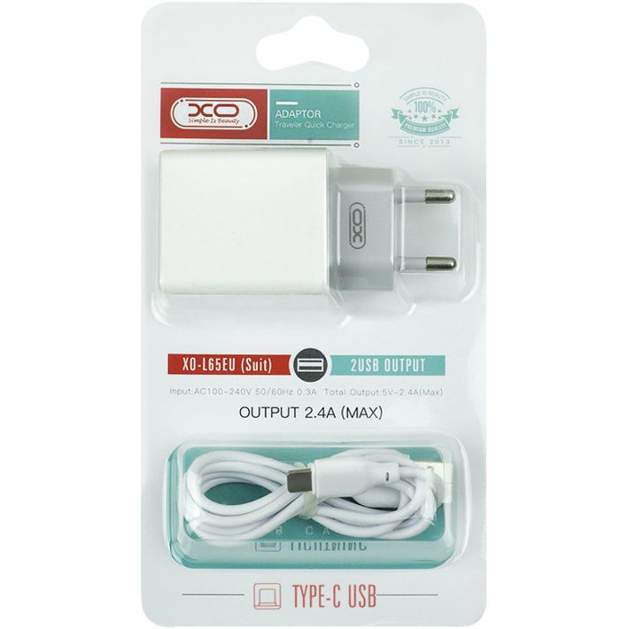 Зарядний пристрій XO L65 2xUSB-A, 2.4A White w/Type-C cable (L65-C-WH)