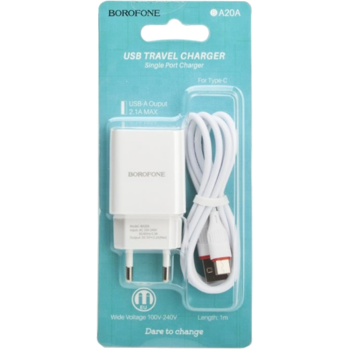 Зарядное устройство BOROFONE BA20A Sharp 1xUSB-A, 2.1A White w/Type-C cable (BA20ACW)