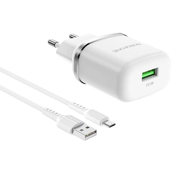 Зарядний пристрій BOROFONE BA36A High Speed 1xUSB-A, QC3.0, 18W White w/Micro-USB cable