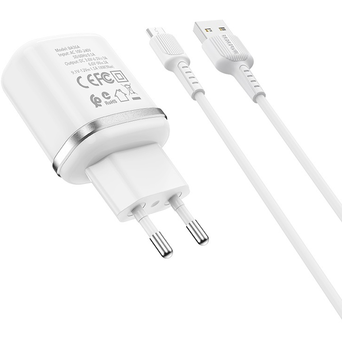 Зарядний пристрій BOROFONE BA36A High Speed 1xUSB-A, QC3.0, 18W White w/Micro-USB cable (BA36AMW)