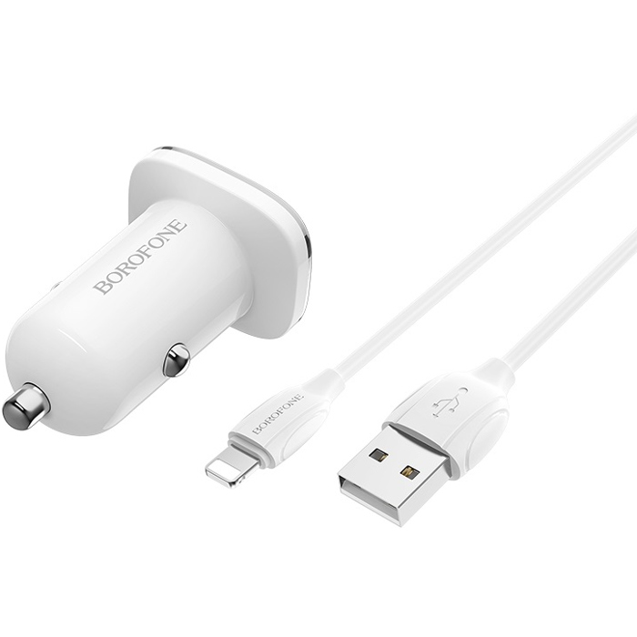 Автомобільний зарядний пристрій BOROFONE BZ12 Lasting 2xUSB-A, 2.4A White w/Lightning cable (BZ12L)