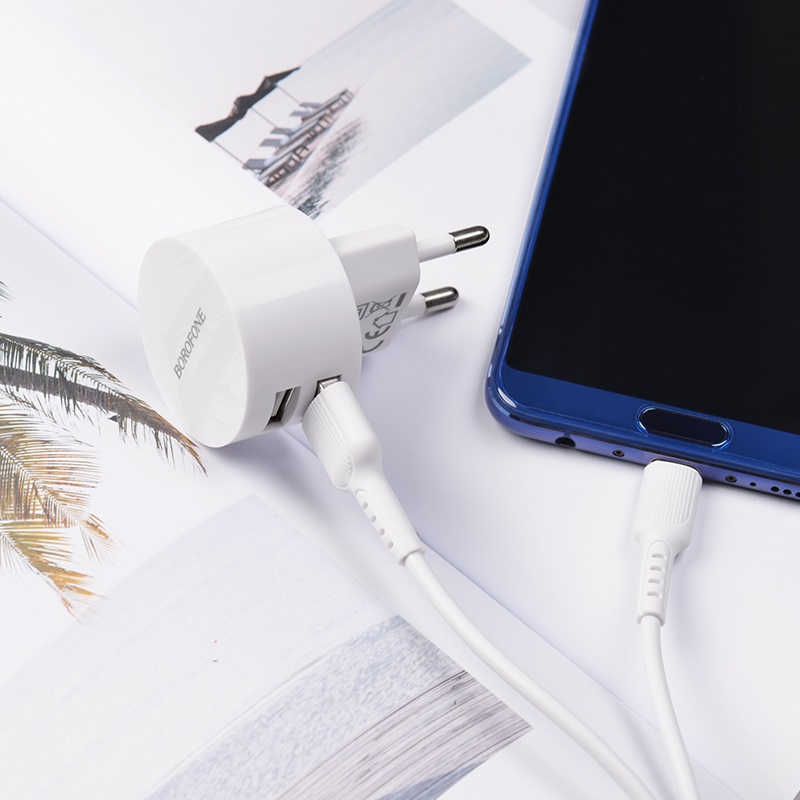 Зарядное устройство BOROFONE BA23A Brilliant 2xUSB-A, 2.4A White w/Type-C cable
