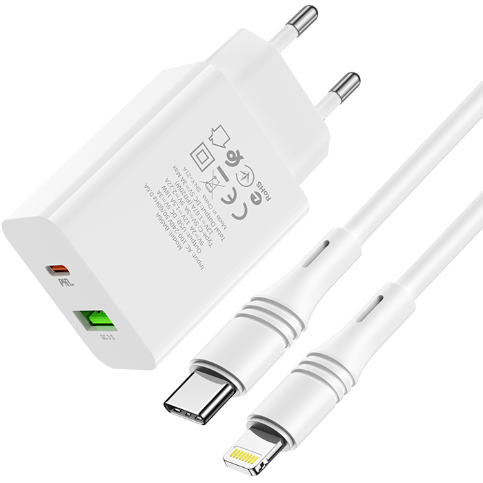 Зарядное устройство BOROFONE BA56A Lavida 1xUSB-C, 1xUSB-A, PD20W, QC3.0 White w/Type-C to Lightning cable (BA56ACLW)