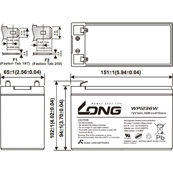 Аккумуляторная батарея KUNG LONG WP1236WVO (12В, 9Ач)