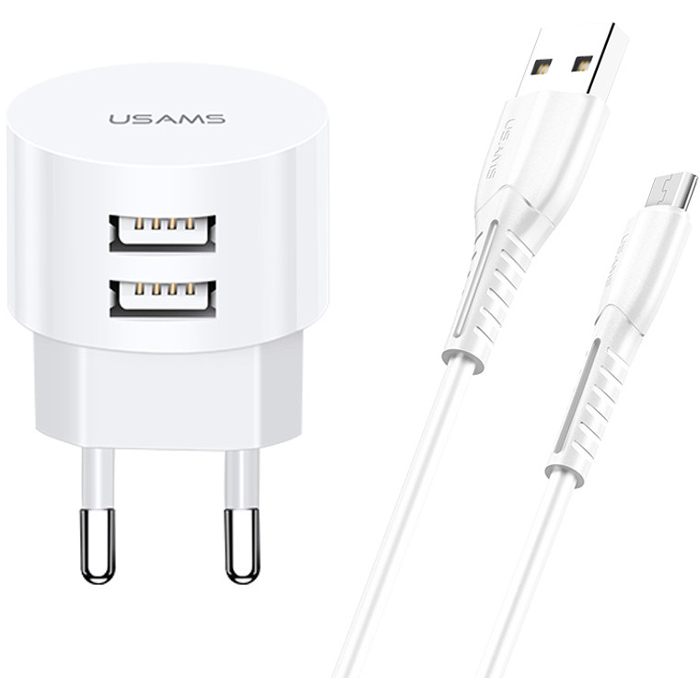 Зарядное устройство USAMS T20 Dual USB Round Travel Charger White w/Micro-USB cable (XTXLOGT18MC05)