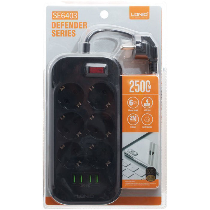 Мережевий фільтр LDNIO SE6403 Black, 6 розеток, 4xUSB, 2м