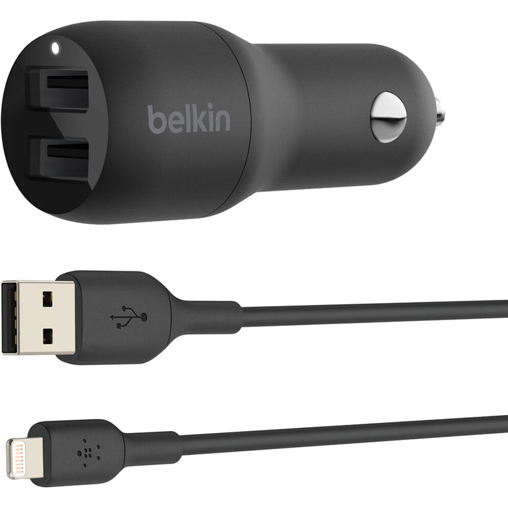 Автомобильное зарядное устройство BELKIN Boost Up Charge Dual USB-A Car Charger 24W Black w/Lightning cable (CCD001BT1MBK)