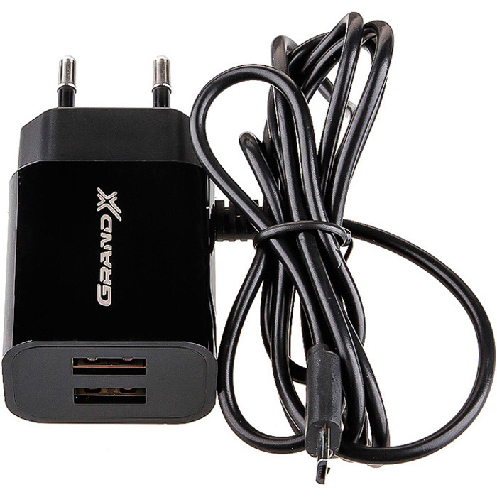 Зарядний пристрій GRAND-X CH-65 2xUSB-A, 3.1A Black w/Micro-USB & USB-C cables (CH65T)