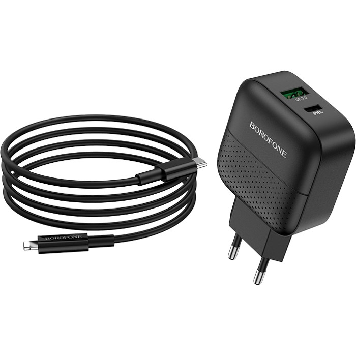 Зарядний пристрій BOROFONE BA46A Premium 1xUSB-C, 1xUSB-A, PD3.0, QC3.0, 18W Black w/Type-C to Lightning cable