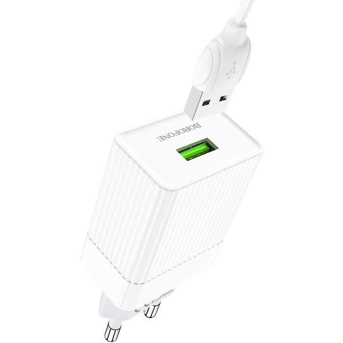 Зарядний пристрій BOROFONE BA47A Mighty 1xUSB-A, QC3.0, 18W White w/Type-C cable