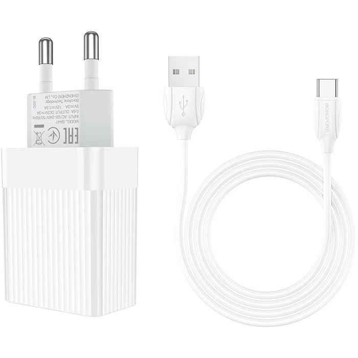 Зарядний пристрій BOROFONE BA47A Mighty 1xUSB-A, QC3.0, 18W White w/Type-C cable