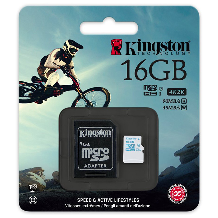 Карта памяти KINGSTON microSDHC Action Camera 16GB UHS-I U3 Class 10 + SD-adapter (SDCAC/16GB)
