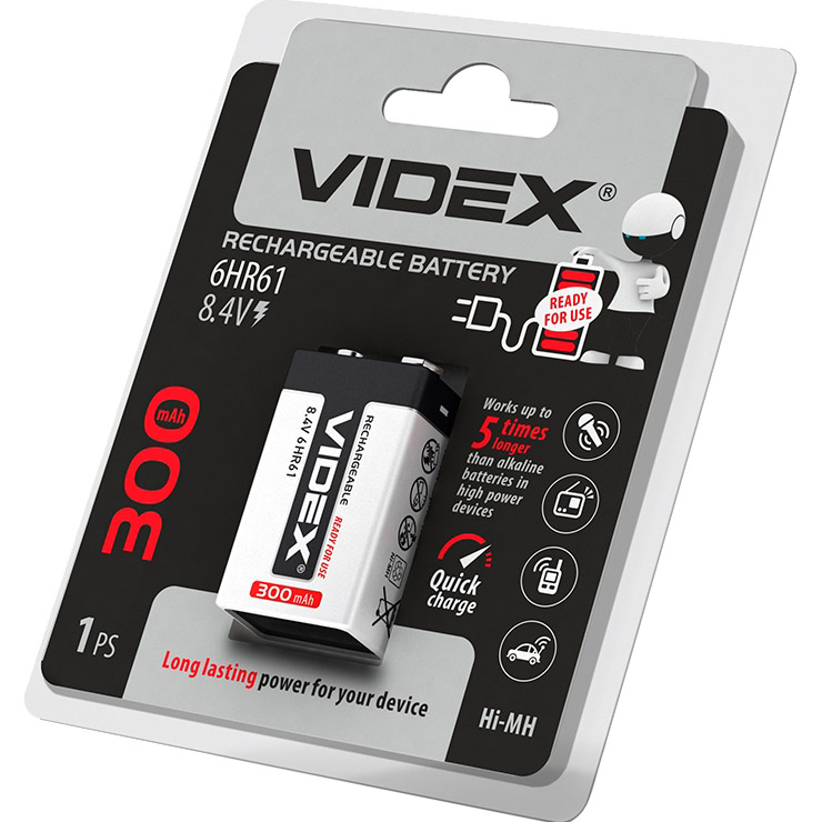 Аккумулятор VIDEX Rechargeable «Крона» 300mAh (6HR61/300/1DB)