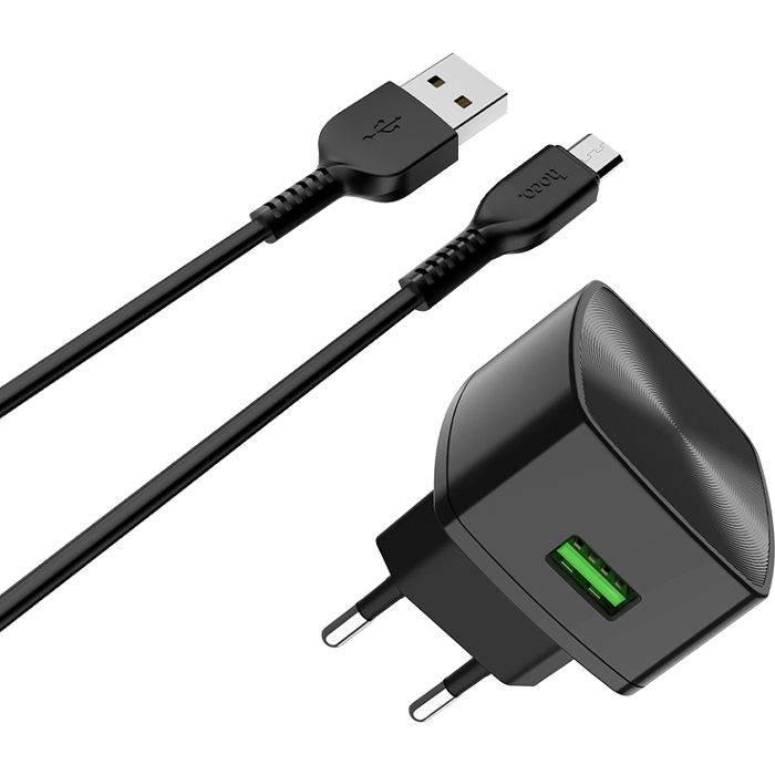 Зарядное устройство HOCO C70A Cutting-Edge 1xUSB-A, QC3.0, 18W Black w/Micro-USB cable (6931474706645)